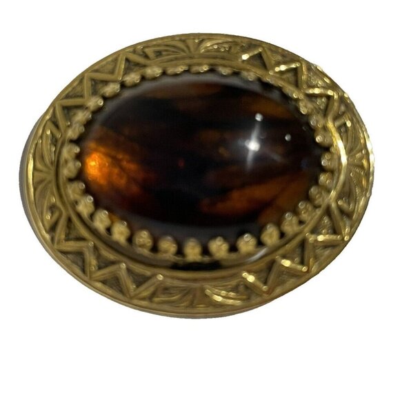 VINTAGE FREIRICH GOLD TONE TIGERS EYE PIN BROOCH SIGNED OVAL 1 3/8" SIGNED - Picture 1 of 5